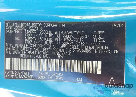 2007 Toyota Fj Cruiser from USA, damaged, VIN JTEBU11F870015972